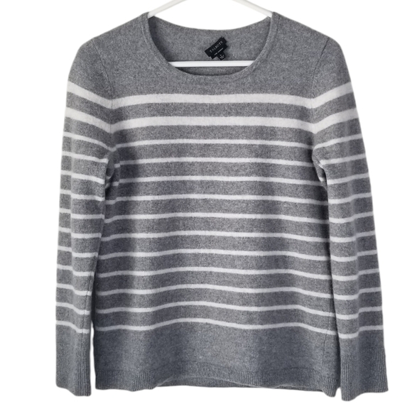 Talbots 100% Cashmere Gray/White Striped Crewneck Sweater Size L - Picture 1 of 11